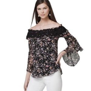 White House Black Market women's black floral Bell Sleeve blouse size small